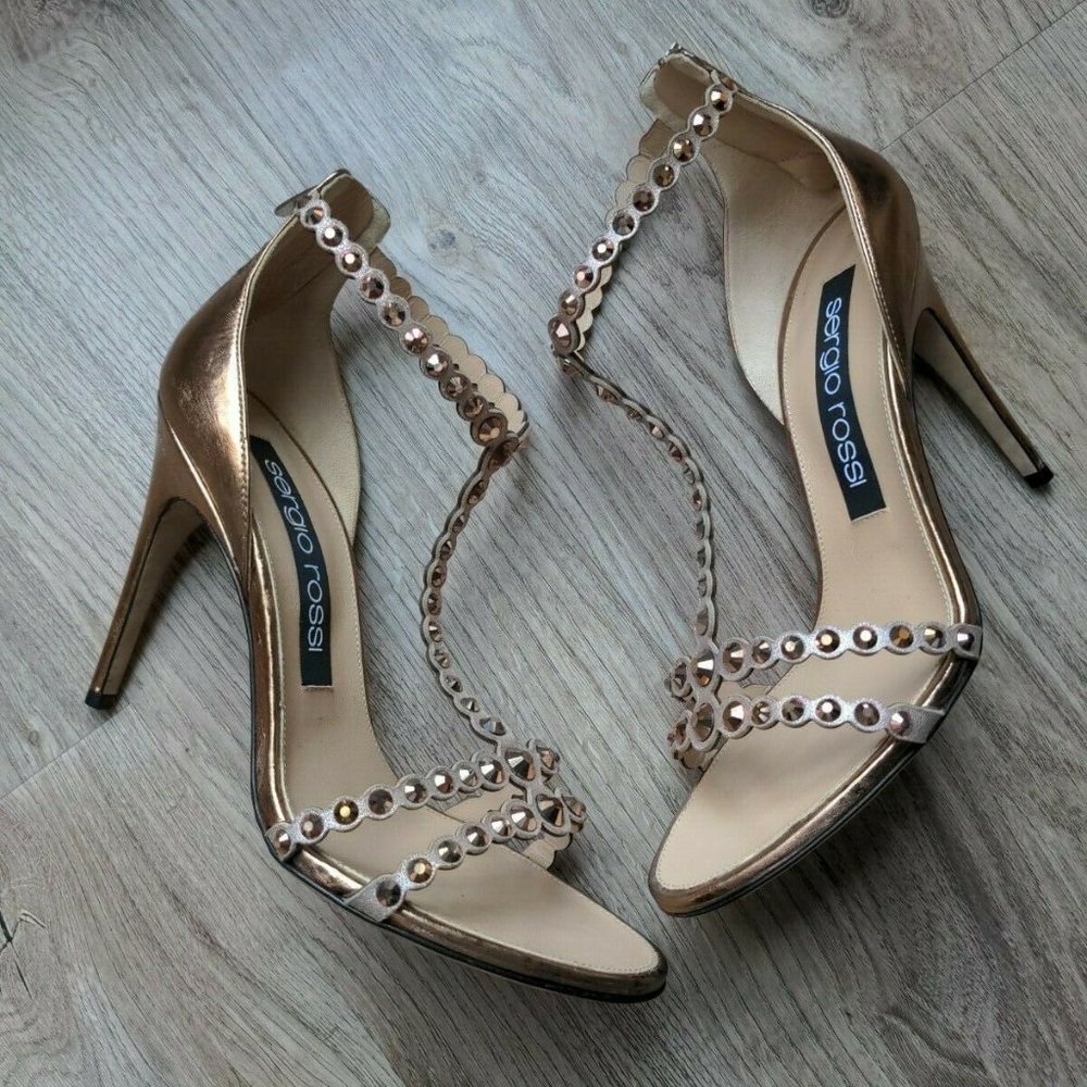 Sergio Rossi Crystal Embellished Grecian Stiletto Heels Rose Gold Copper - Picture 11 of 12